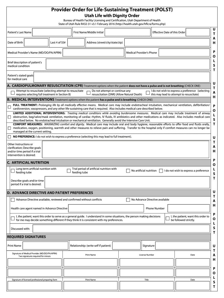 Fillable Online health utah Provider Order for Life-Sustaining ... Preview on Page 1