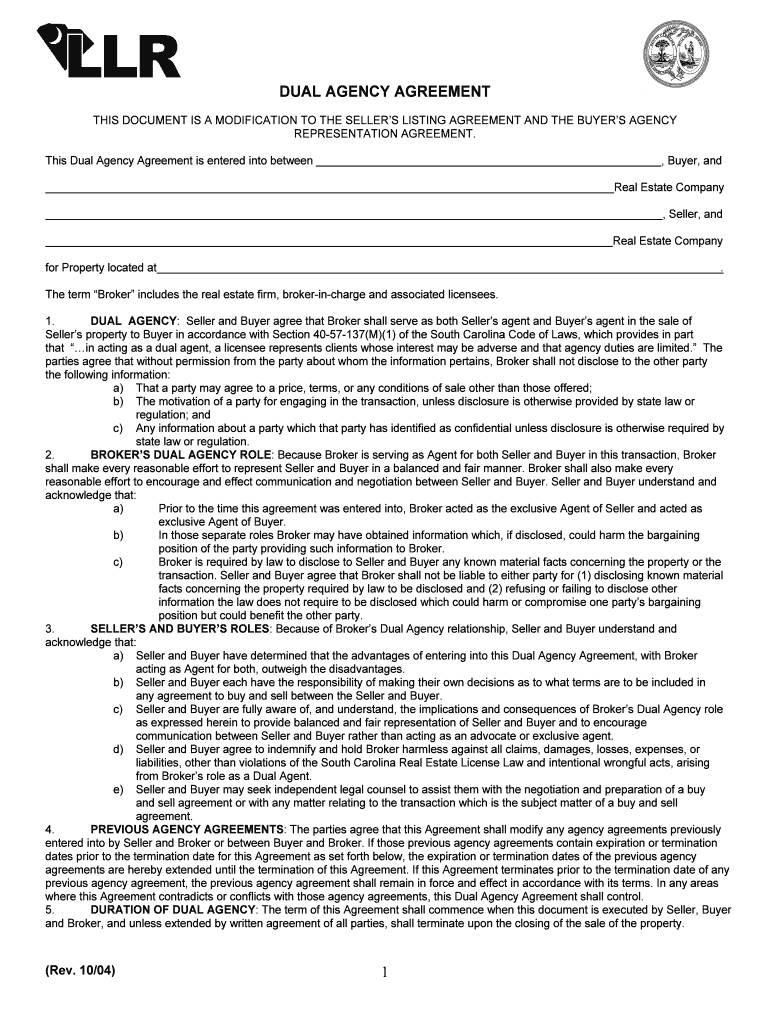 South Carolina Dual Agency Consent Form Preview on Page 1