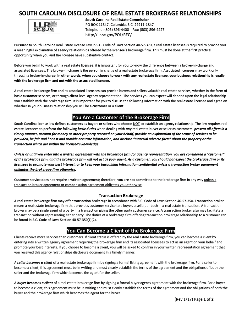 sc disclosure of brokerage relationships form Preview on Page 1