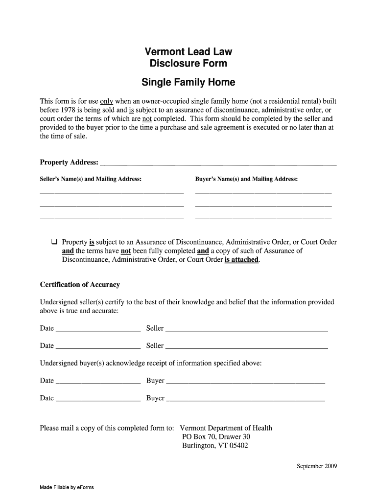 Vermont Lead Law Disclosure Form - Single-Family Home Preview on Page 1