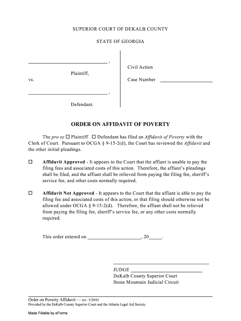Georgia Dekalb County Order on Affidavit of Poverty Preview on Page 1