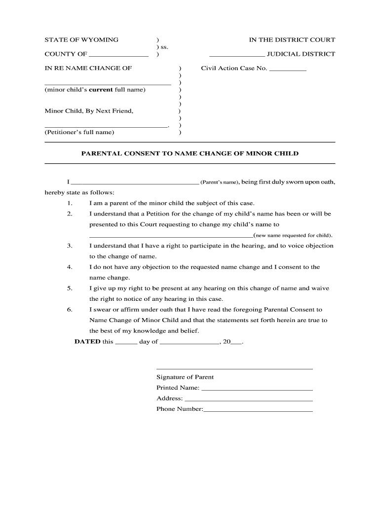 Wyoming-Minor-Name-Change-Parental-Consent-Form Preview on Page 1