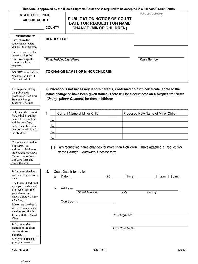 Illinois - Publication Notice of Court Date for Request for Name Change (Minor Children) Preview on Page 1