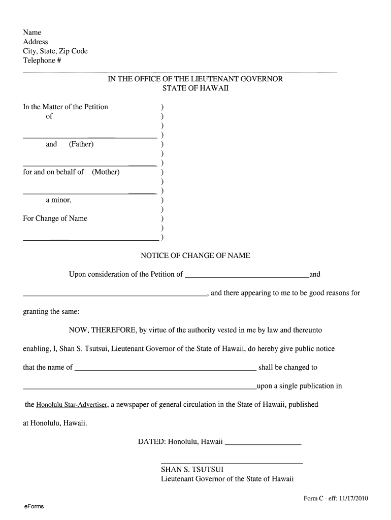 Hawaii - Notice of Change of Name (Minor by Parents) Preview on Page 1