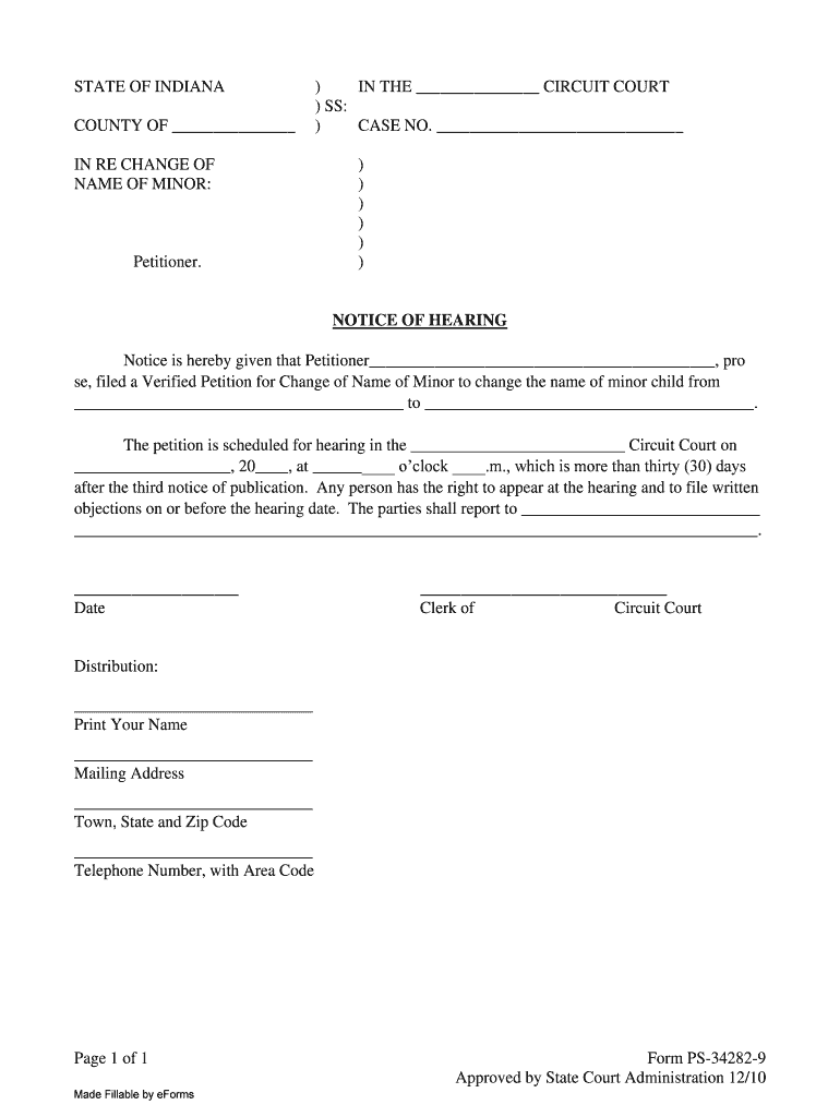 Indiana - Notice of Hearing (No Consent) Preview on Page 1