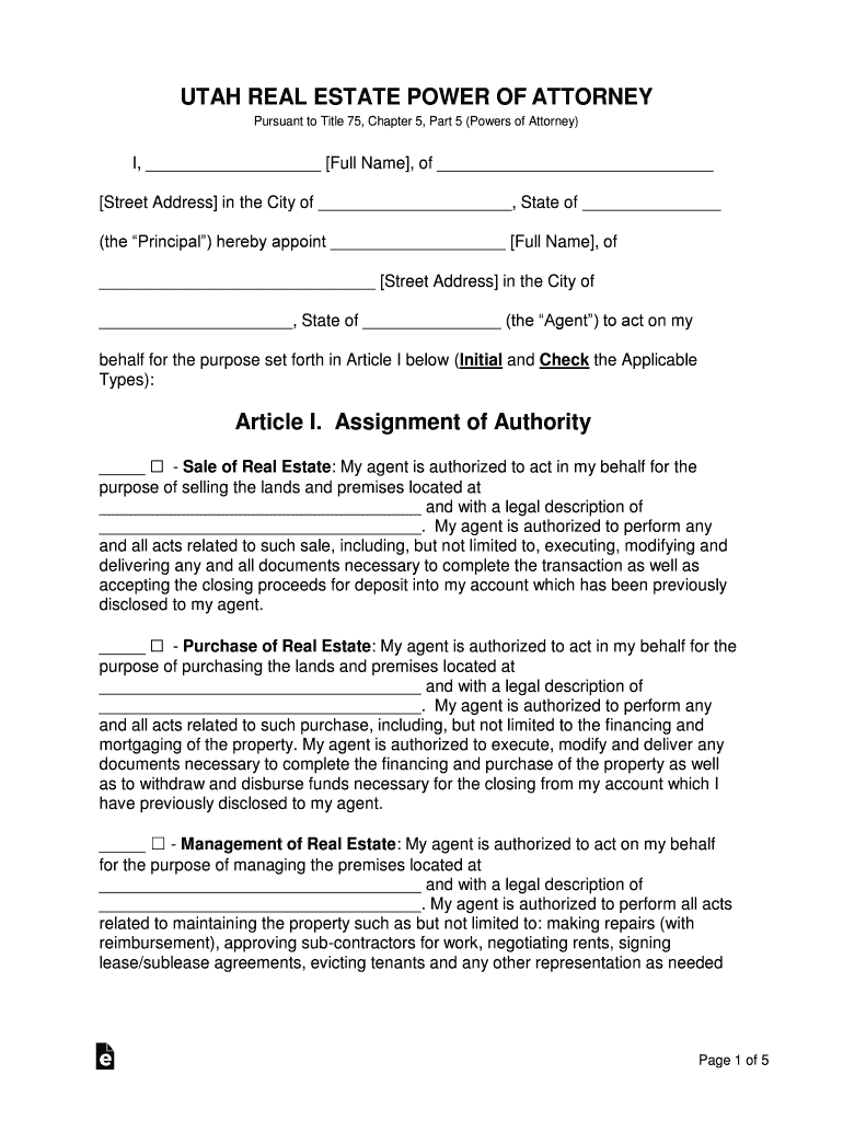 Utah Real Estate Power of Attorney Form Preview on Page 1
