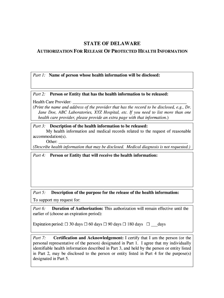 Delaware HIPAA Medical Release Form Preview on Page 1