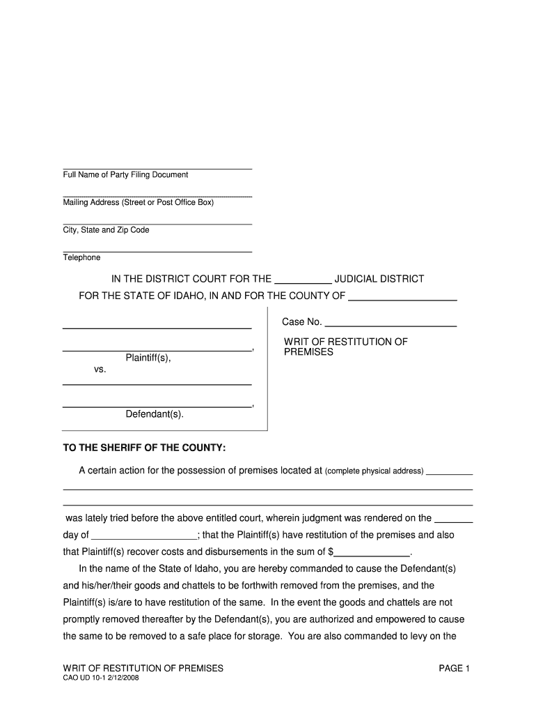 Idaho Eviction Writ of Resititution Preview on Page 1