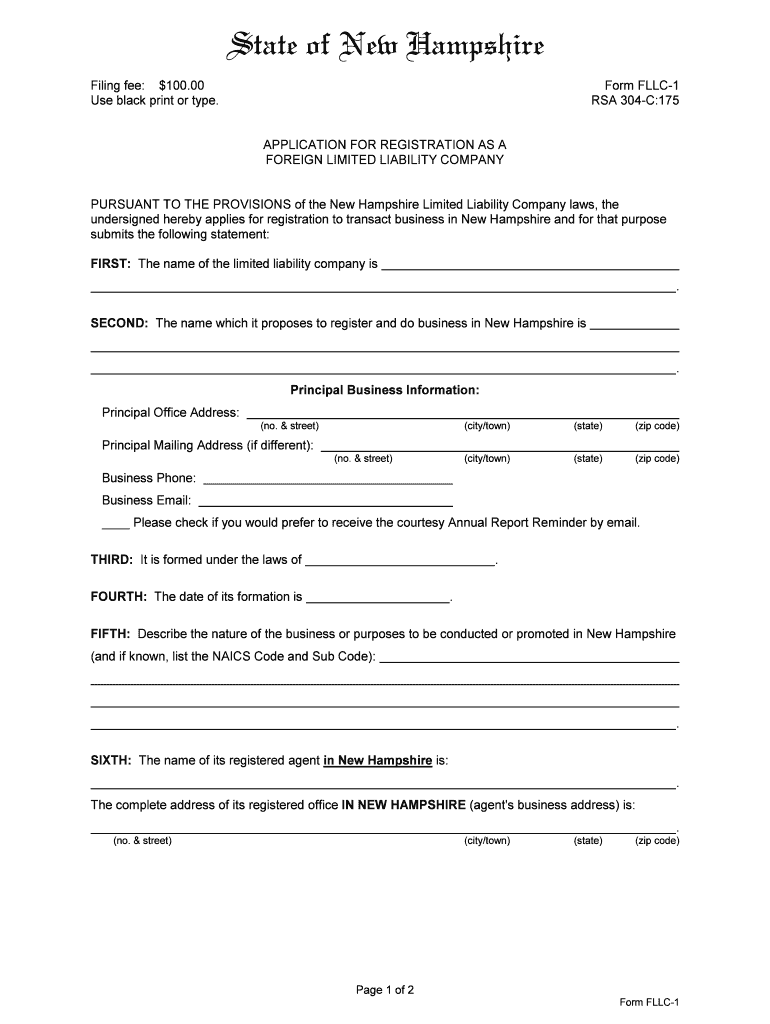 FLLC-1 - Application For Registration As A Foreign - NH SOS Preview on Page 1