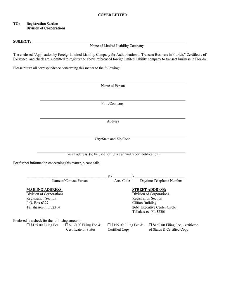 Florida Application for Registration - Foreign Florida LLC Preview on Page 1