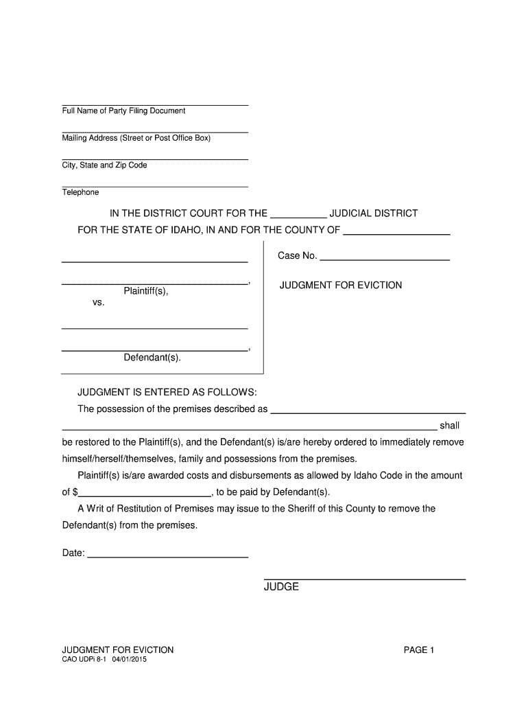 Idaho Judgment For Eviction Form.pdf Preview on Page 1