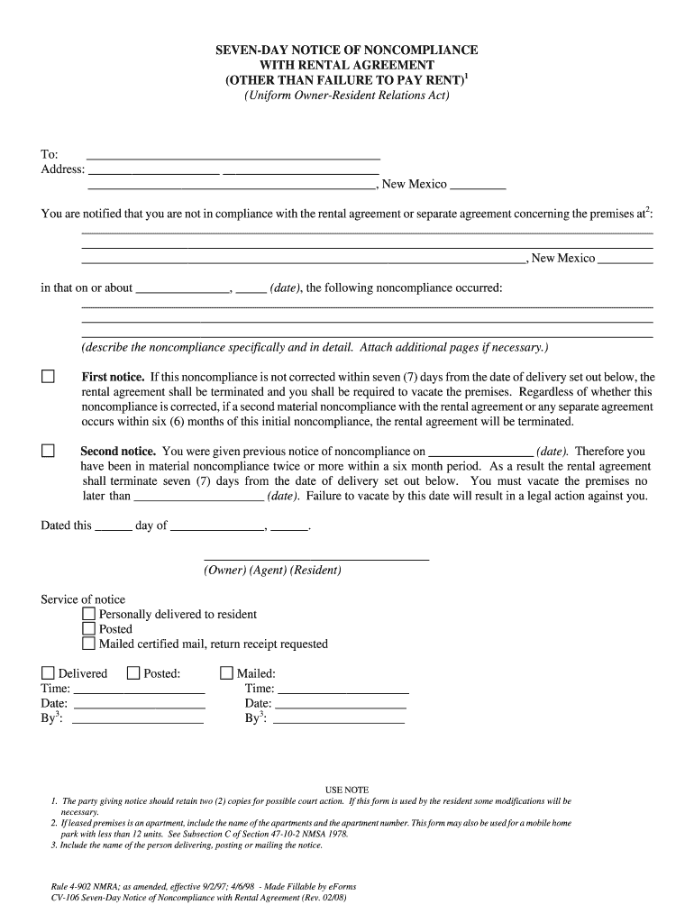 Fillable Online New Mexico 7-Day Notice to Quit Form Non ... Preview on Page 1