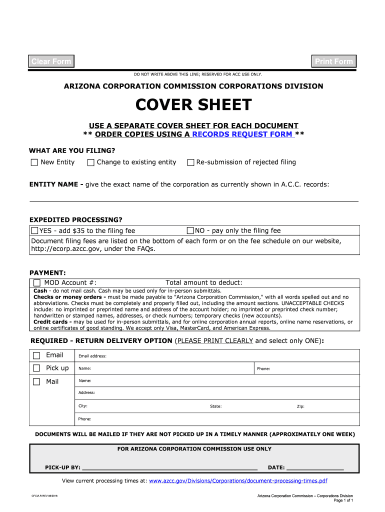 cover sheet - Arizona Corporation Preview on Page 1