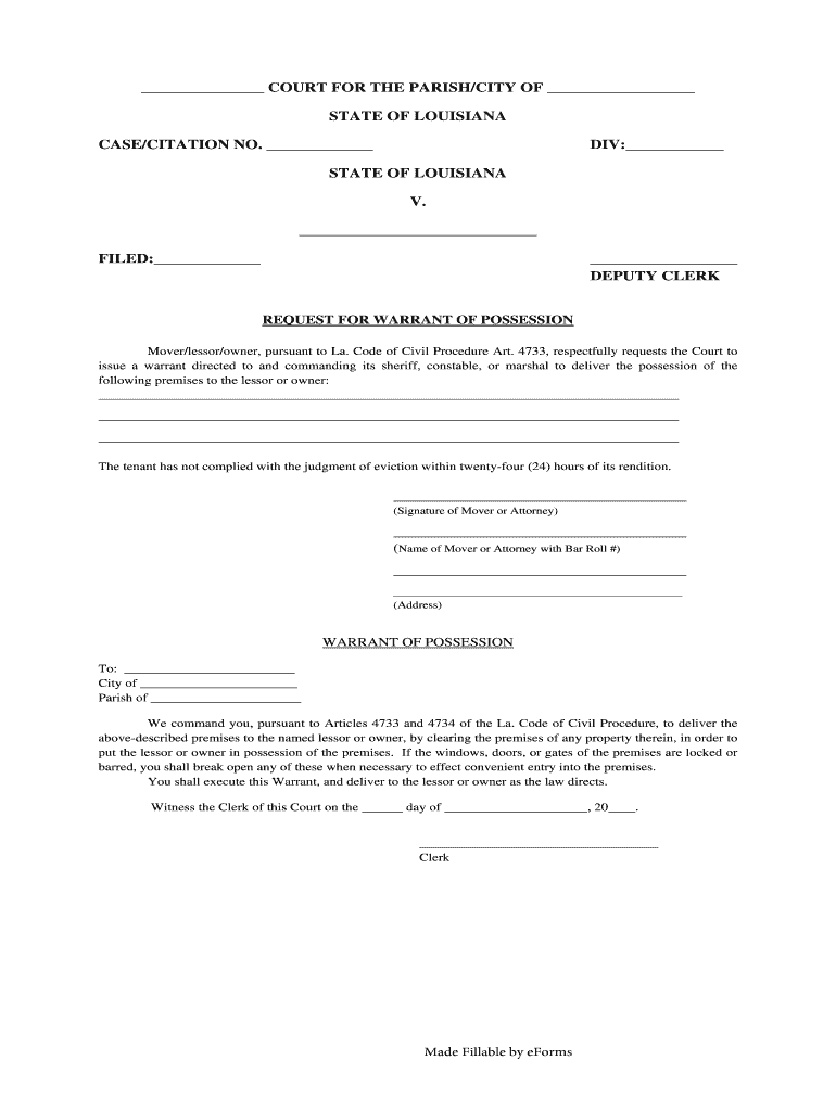 Louisana Warrant for Possession Form Preview on Page 1