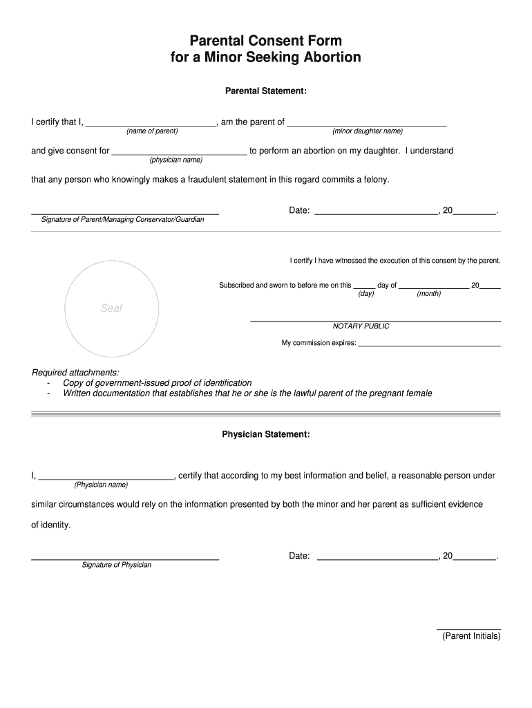 Parental Consent Form for a Minor Seeking Abortion Preview on Page 1
