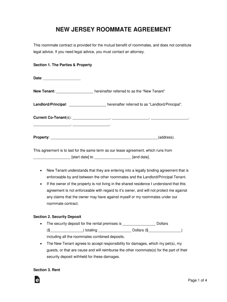 Free New Jersey Roommate Agreement Form - PDFWordeForms Preview on Page 1