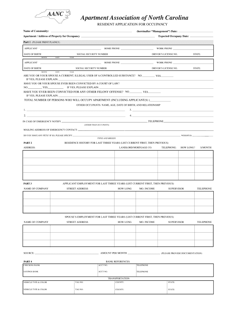 apartment association of north carolina resident application for Preview on Page 1