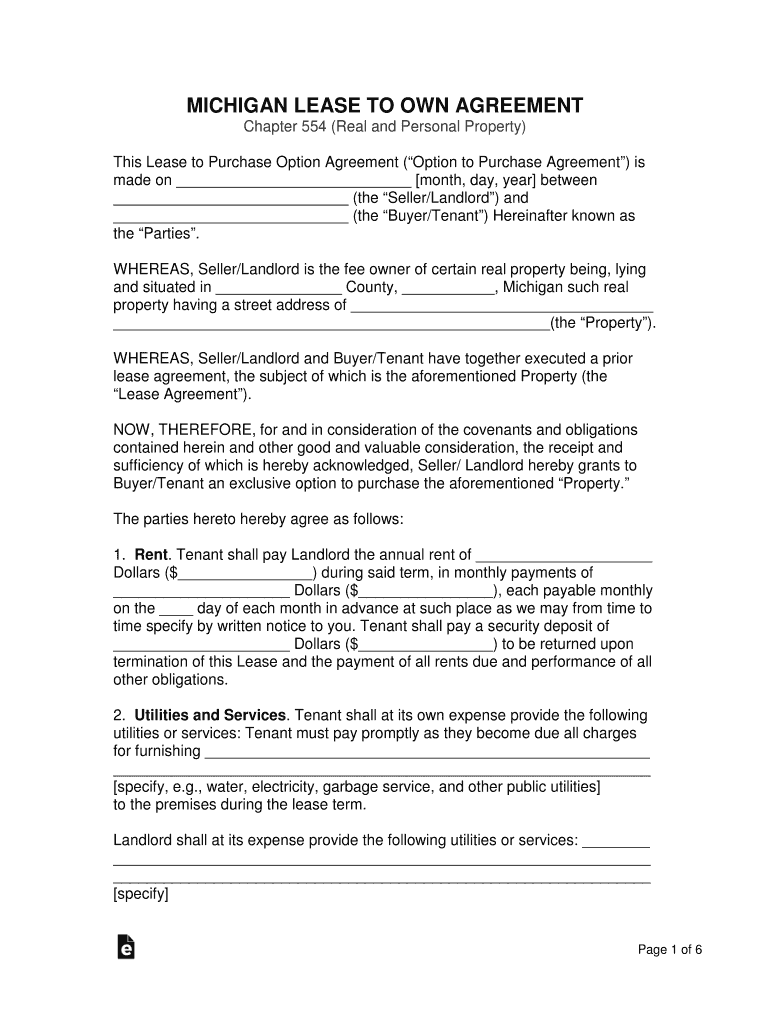 MICHIGAN LEASE TO OWN AGREEMENT Preview on Page 1