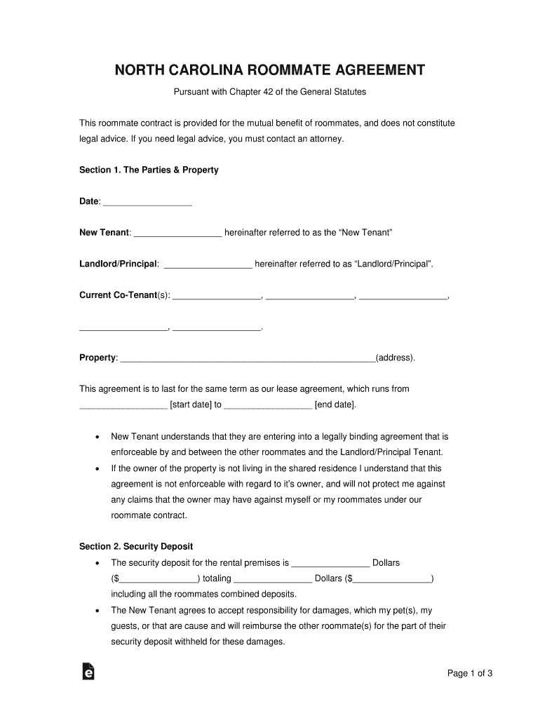 Fillable Online Free North Carolina Roommate Agreement Form PDFWord