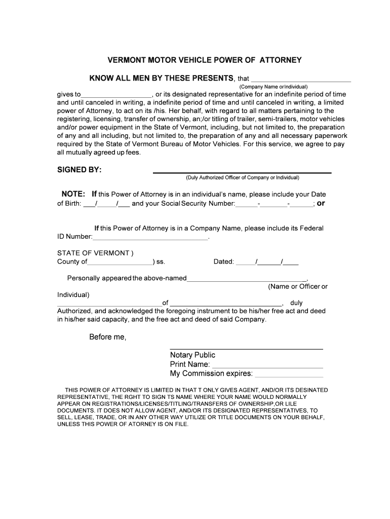 Vermont Vehicle Power of Attorney Form - Power of Attorney Preview on Page 1
