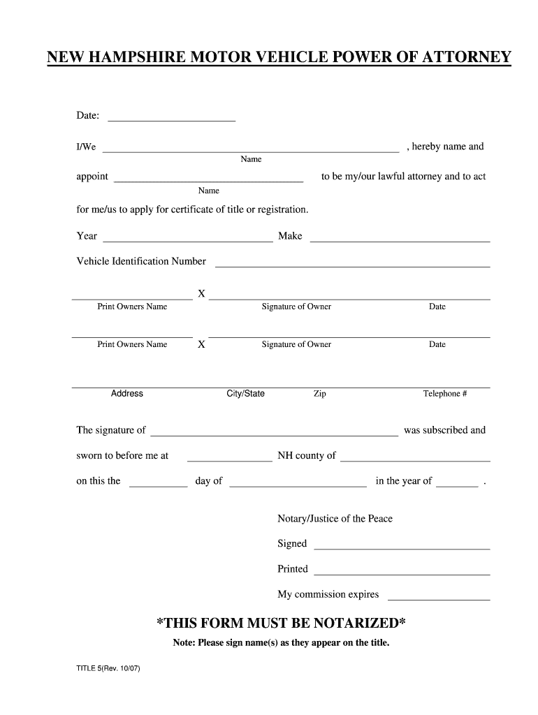 Free New Hampshire Motor Vehicle Power of Attorney Form Preview on Page 1