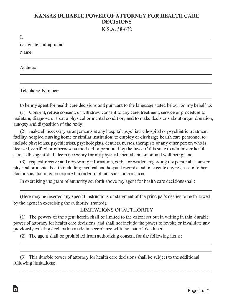 Kansas Durable Power of Attorney for Health Care Decisions ... Preview on Page 1