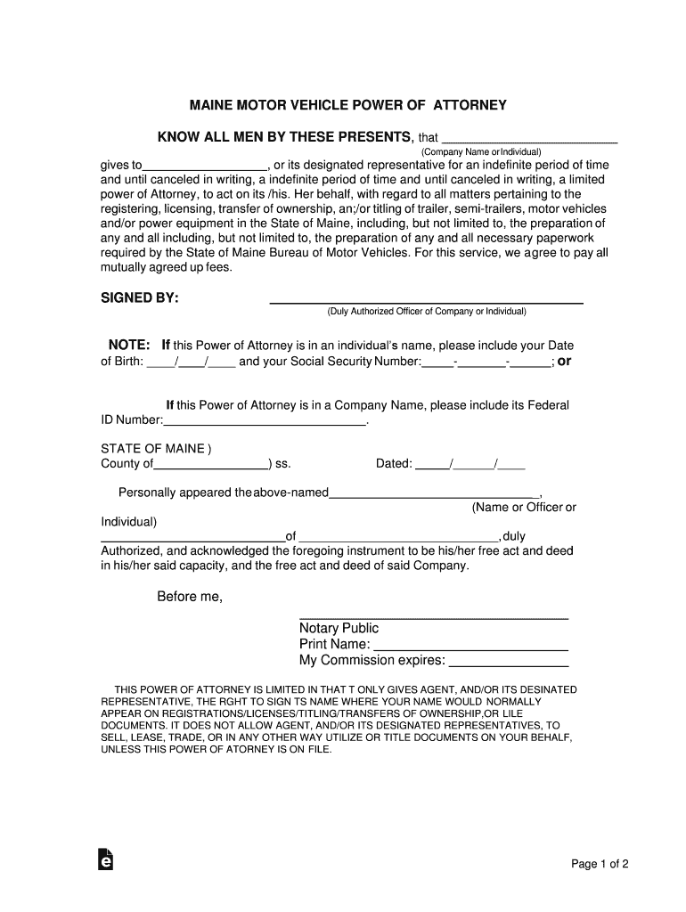 Maine Motor Vehicle Power of Attorney Form Preview on Page 1