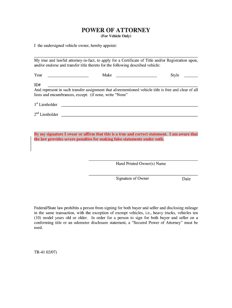 Download Kansas Power of Attorney (for Vehicle Only) Form Preview on Page 1