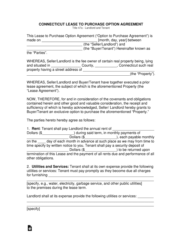 Connecticut Lease to Own (Option to Purchase) Agreement Preview on Page 1