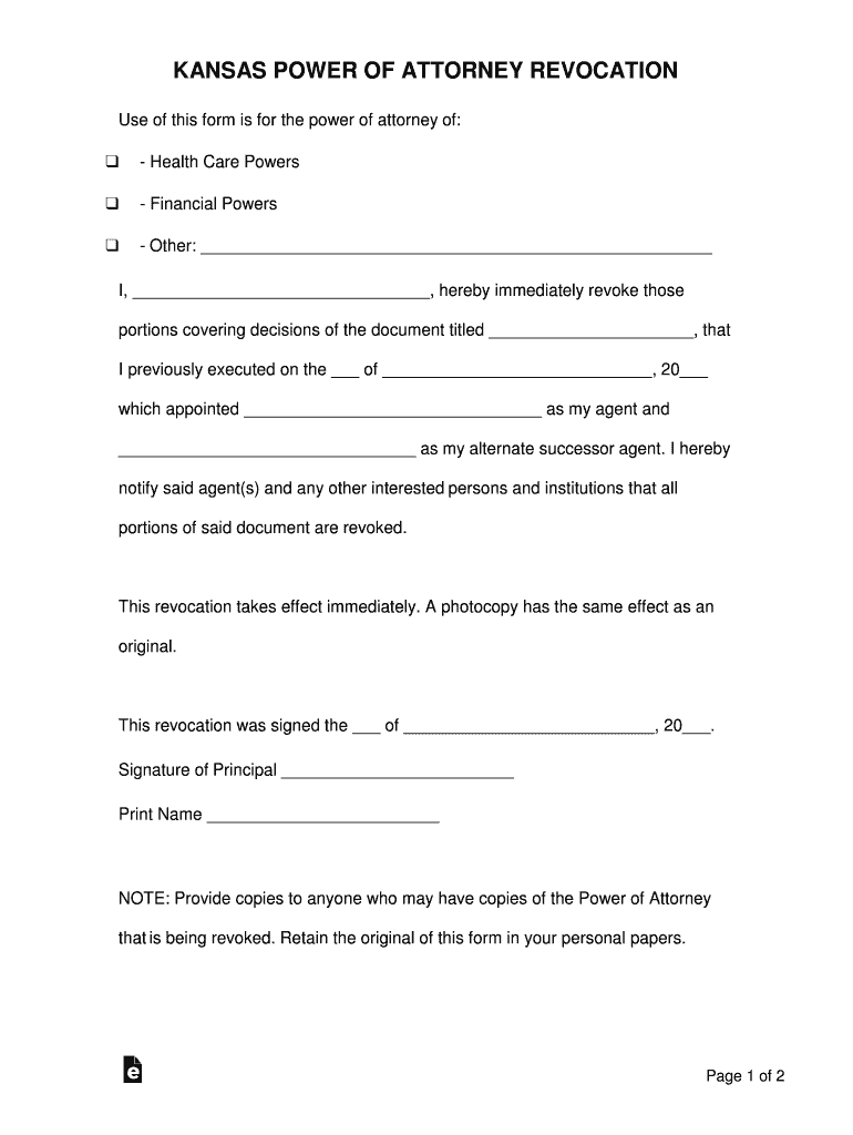 Free Kansas Power Of Attorney FormsPDF Templates Preview on Page 1