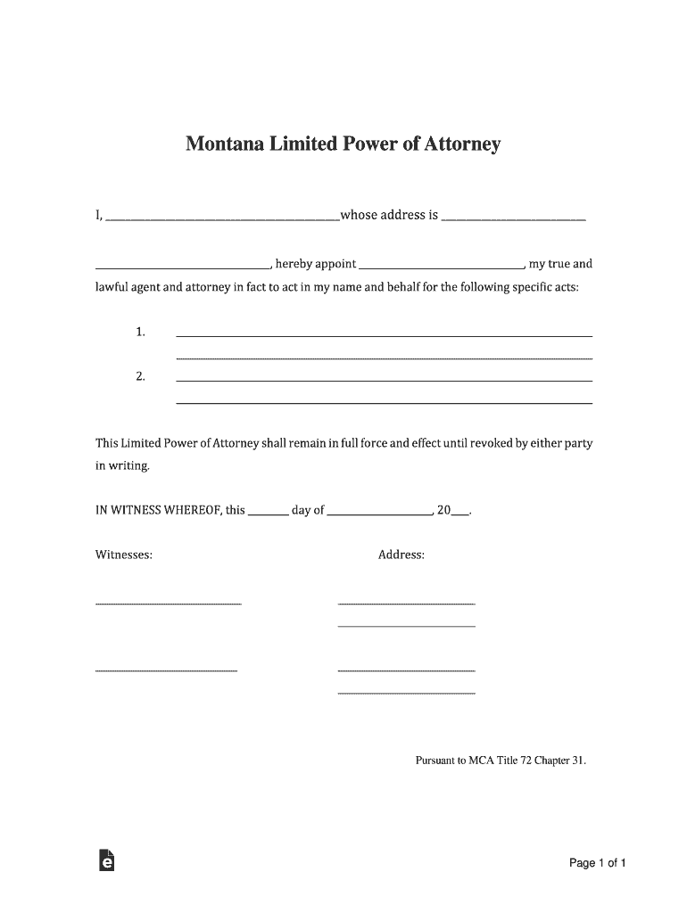 Free Limited Power of Attorney Montana FormPDF Preview on Page 1