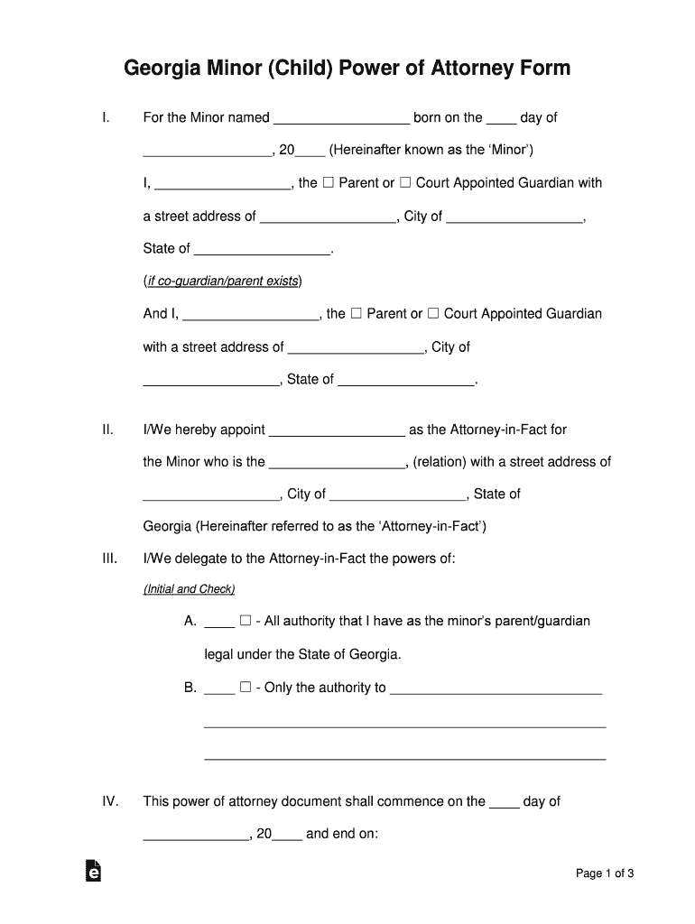 Georgia Minor Child Power of Attorney Form Preview on Page 1