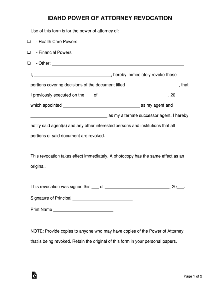 Idaho Revocation Power of Attorney Form - Power of Attorney Preview on Page 1