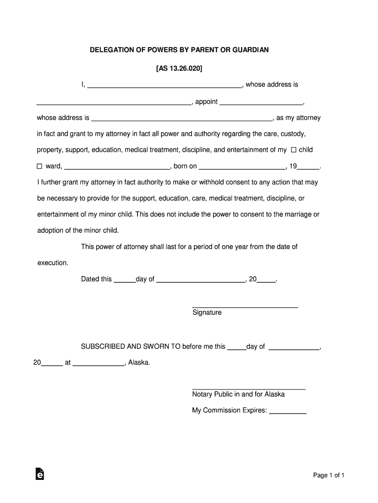 Alaska Minor Children Power of Attorney Form Preview on Page 1