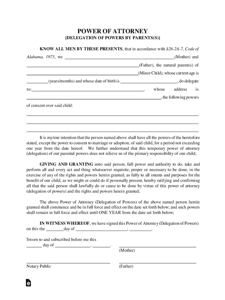 Alabama Minor Children Power of Attorney Form Preview on Page 1