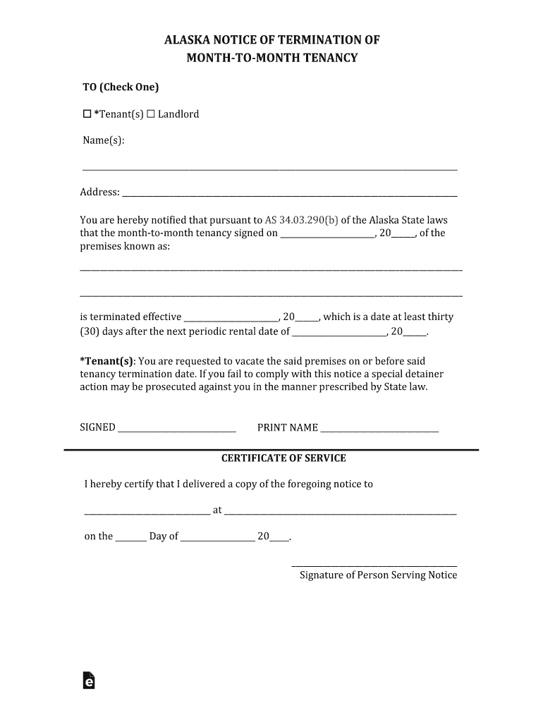 Alaska Termination Lease Letter Form30-Day Notice Preview on Page 1