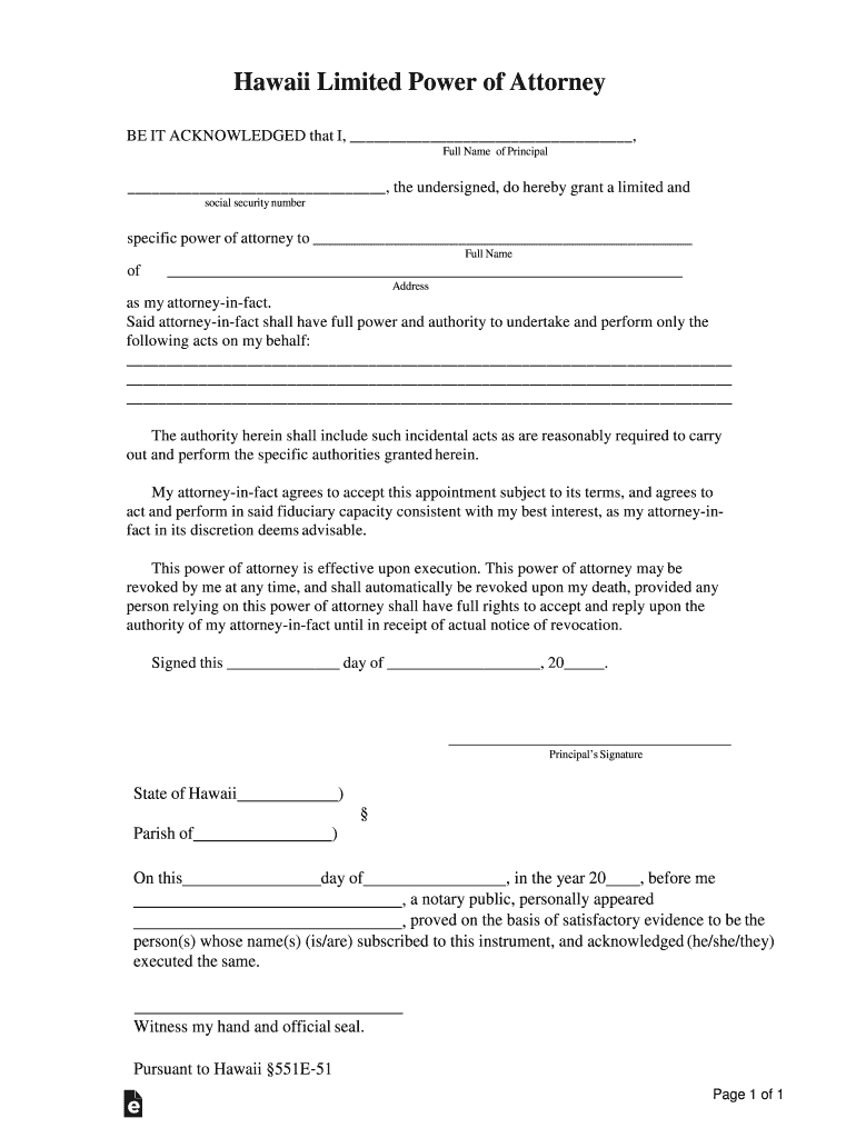 Free Hawaii Limited Power of Attorney Form - PDFWord Preview on Page 1