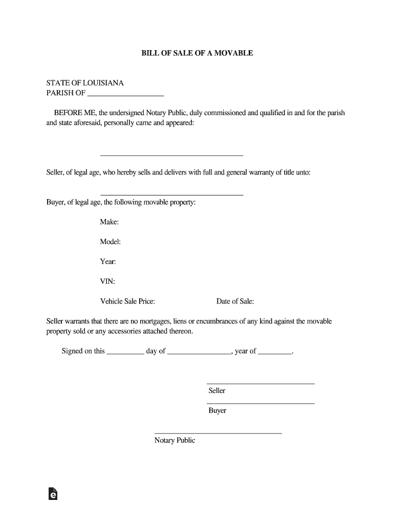 Free Louisiana Movable Property Bill of Sale FormPDF Preview on Page 1