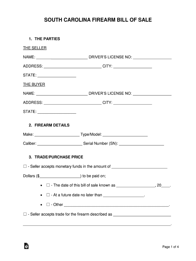 SC Firearm Bill Of Sale 2015-2021 - Fill and Sign Printable Template