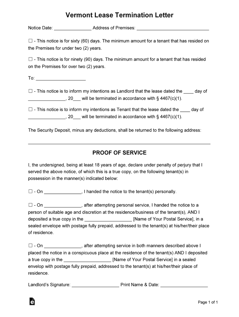 Vermont Lease Termination Letter Form60 or 90 Day Notice Preview on Page 1
