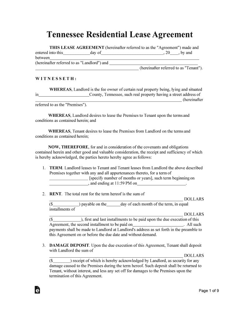 Bill Of Sale Form Tennessee Lease Agreement Form Preview on Page 1