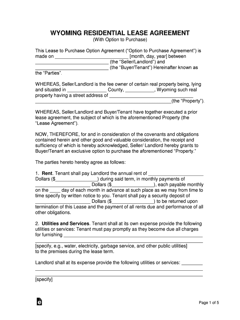 Wyoming Lease With Option to Purchase Preview on Page 1