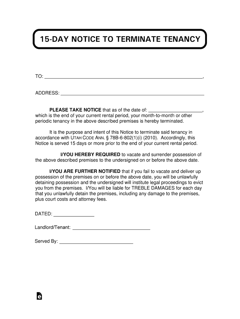 15-Day Notice to Terminate Tenancy Free Forms for Utah Landlords Preview on Page 1