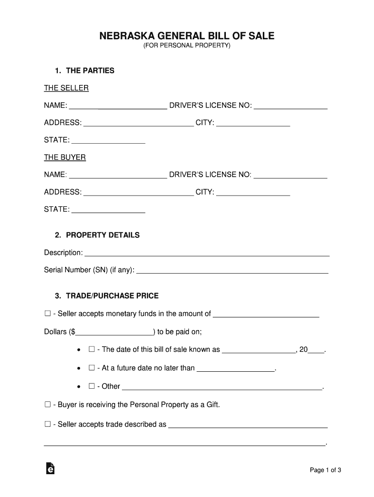 Free Nebraska General Bill of Sale Form - PDFWord Preview on Page 1