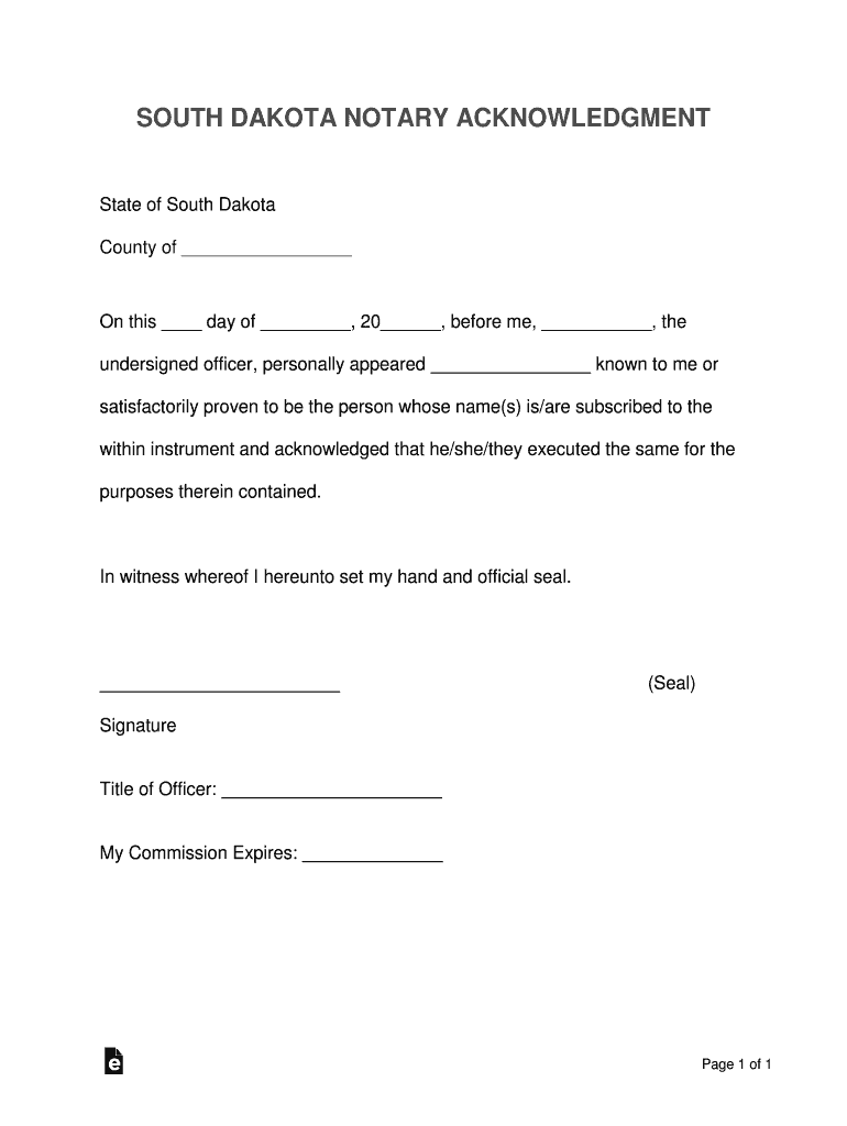 Free South Dakota Notary Acknowledgement Form Preview on Page 1