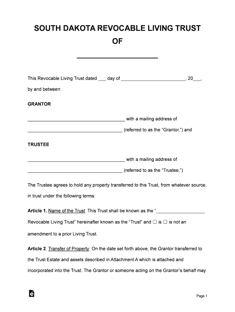 South Dakota Revocable Living Trust Form - eForms Preview on Page 1