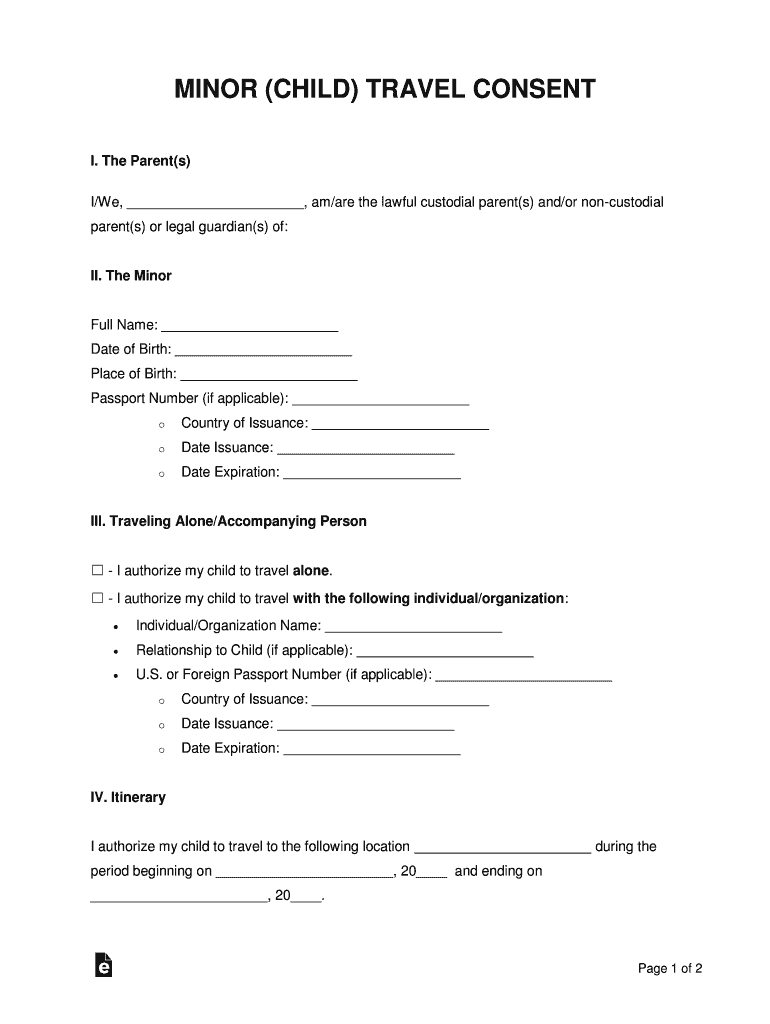 Minor (Child) Travel Consent 20172021 Fill and Sign Printable