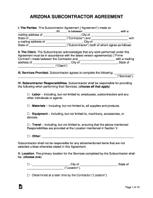 Arizona Subcontractor Agreement Template