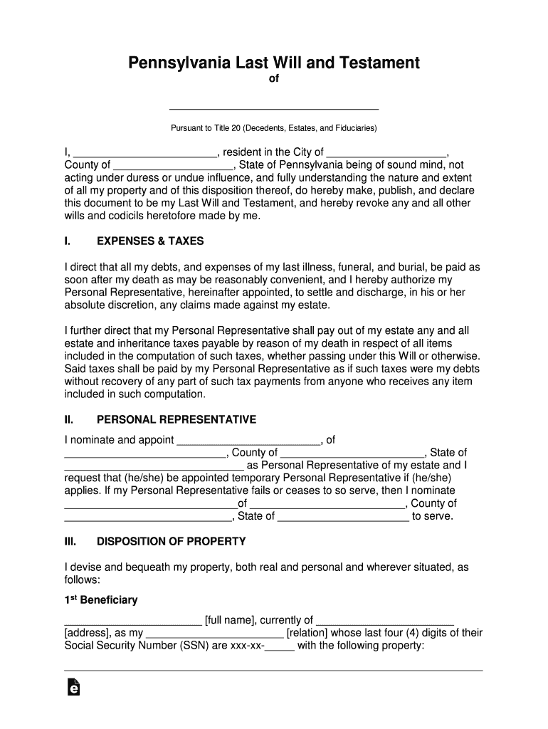 pennsylvania last will form free Preview on Page 1