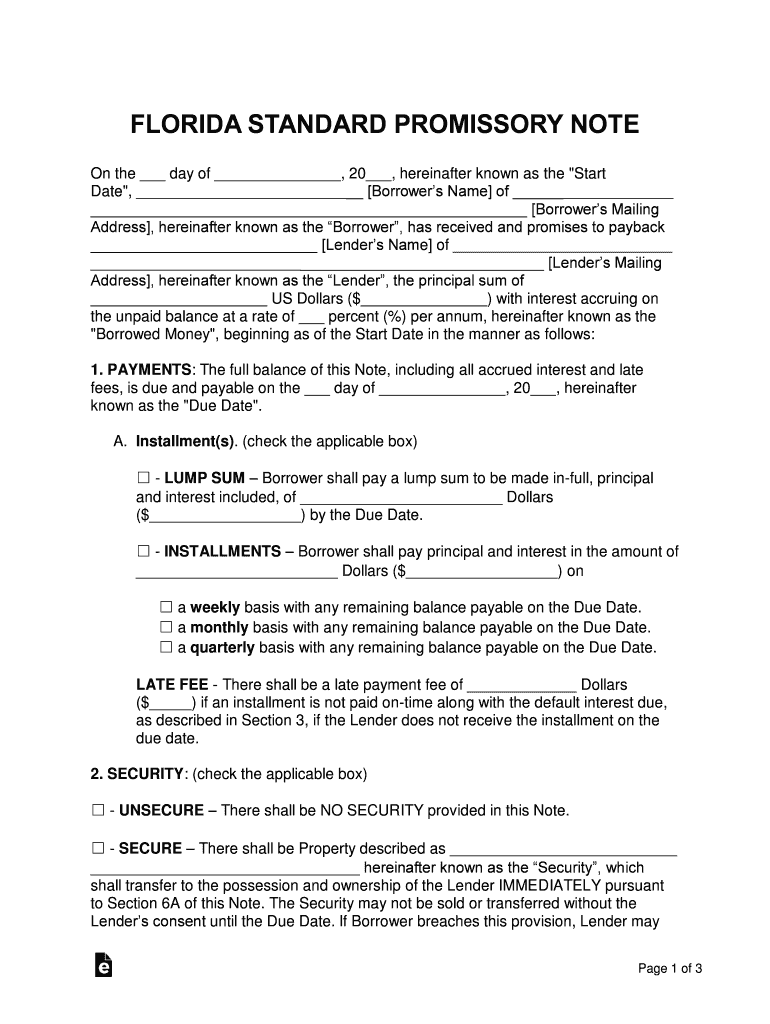 promissory note template florida Preview on Page 1